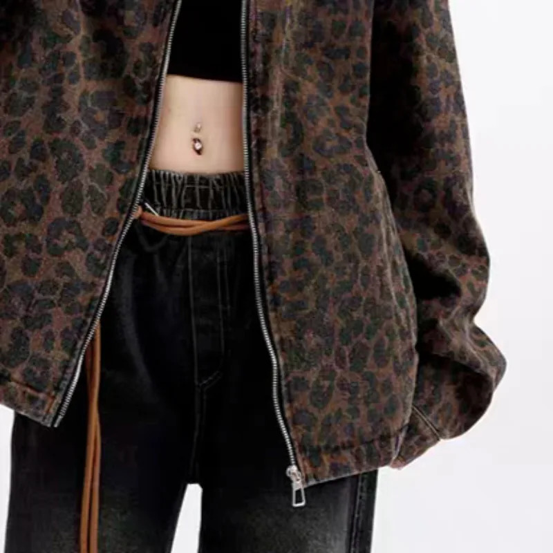 Jackets Women American Leopard Print Lapel Retro Loose Trendy Niche High Street Casual Denim Coats Couple Autumn 241223