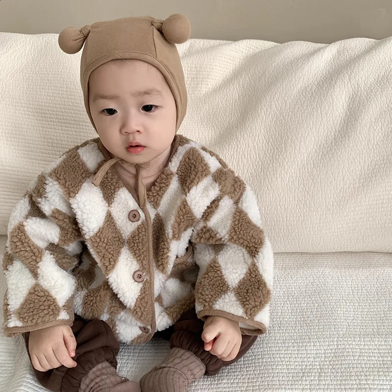 2025 Winter Baby Plus Velvet Thick Plush Coat Infant Toddler Long Sleeve Plaid Clothes Boy Girls Fleece Warm Cardigan Jacket 241223