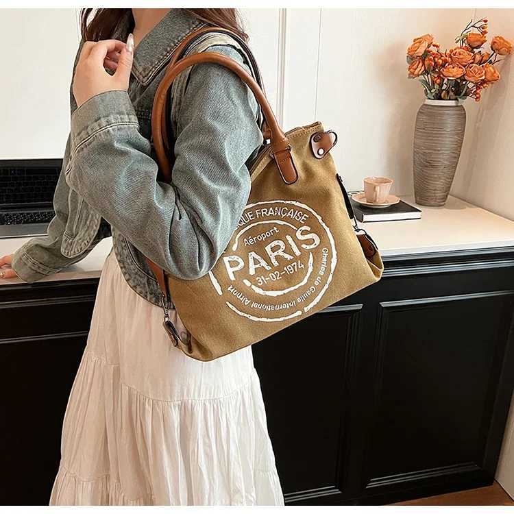 Large canvas handbag - Adjustable shoelaces vintage Paris stamp printing - Fashion cross body bag Y250217