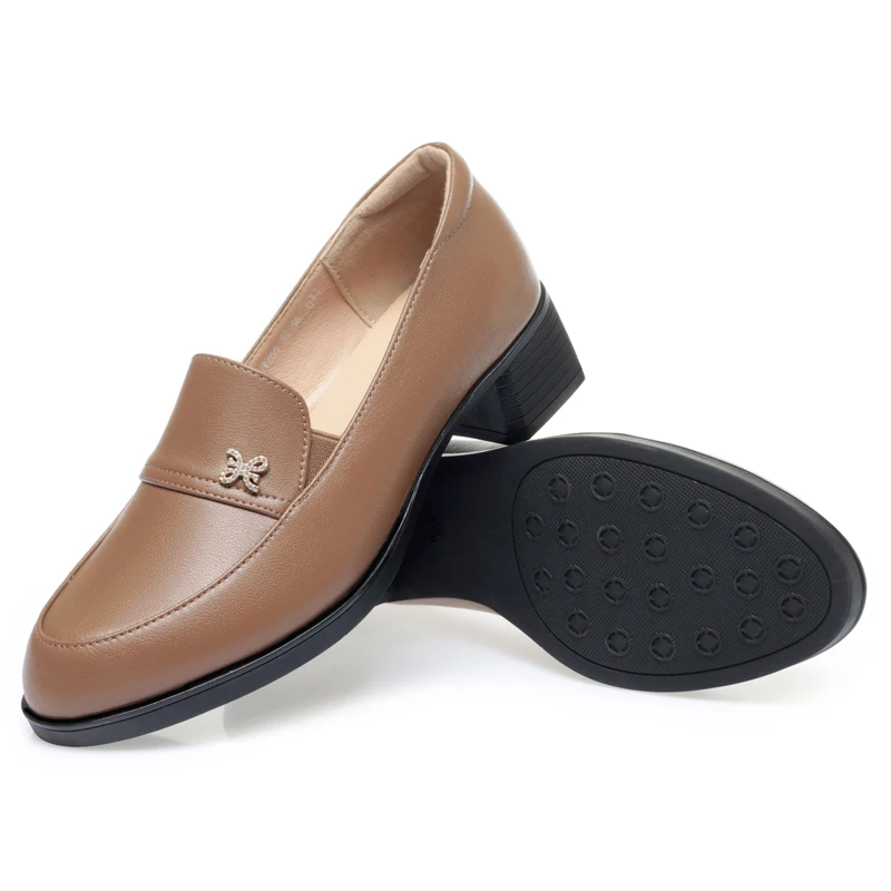 Women Shoes Large Size Spring Genuine Leather Women Dress Shoes Casual Round Toe British Style Mid Heel Ladies Shoes
