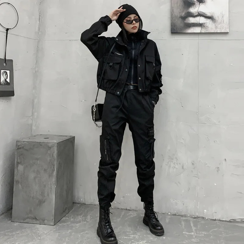 CTRLLOCK Techwear Women Black Stand Collar Jacket Casual Long Sleeve Pocket Female Outerwear Hiphop Fashion 241218