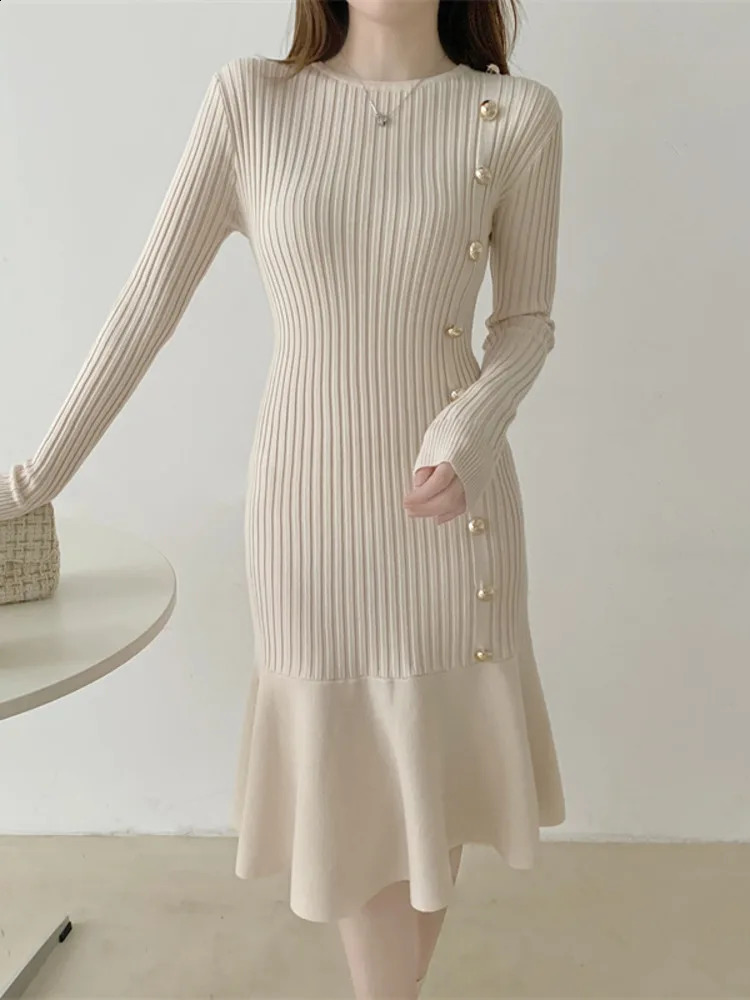 Autumn Warm Korean Fashion Woman Elegant Clothing Knitted Vintage Dresses Sweater Dress Femme Winter Vestido Feminino Thicken 241218