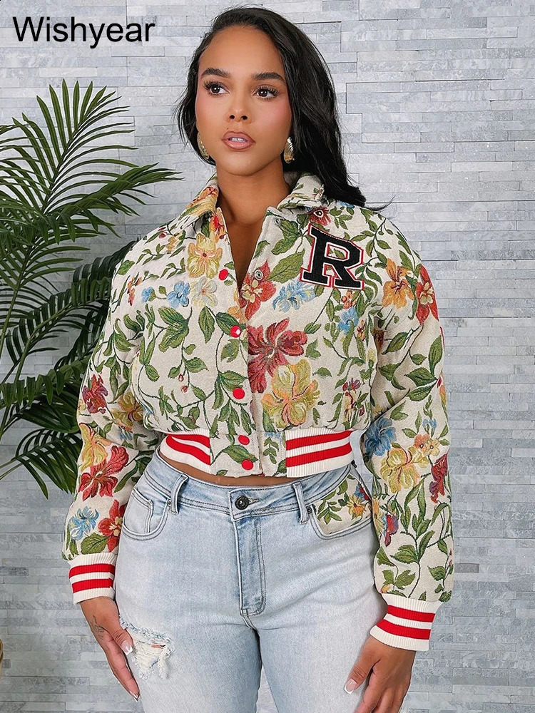 Harajuku Autumn Flower Print Coat Crop Tops Women Lapel Long Sleeve Button Baseball Jacket Winter Warm Outerwear Streetwear y2k 241218