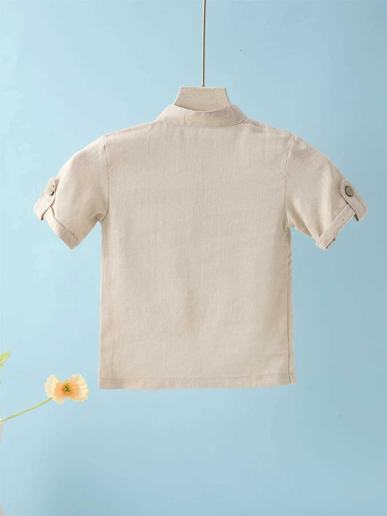 Short sleeved childrens polo shirt casual Mandarin collar solid color cotton linen blend thin summer W241223