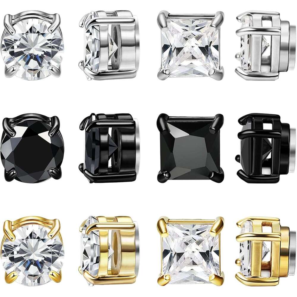 6 Pairs Stainless Steel Stud Clip on Non Piercing Unisex CZ Magnetic Dia Earrings for Women Men