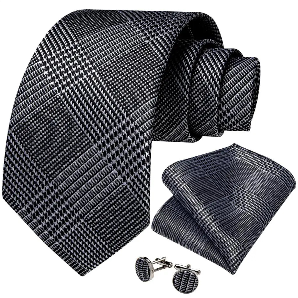 Silver Black Houndstooth Silk Ties For Men With Silver Tie Buckle Hoop Mens Hood Tie Set Pocket Square Men Gift 241224
