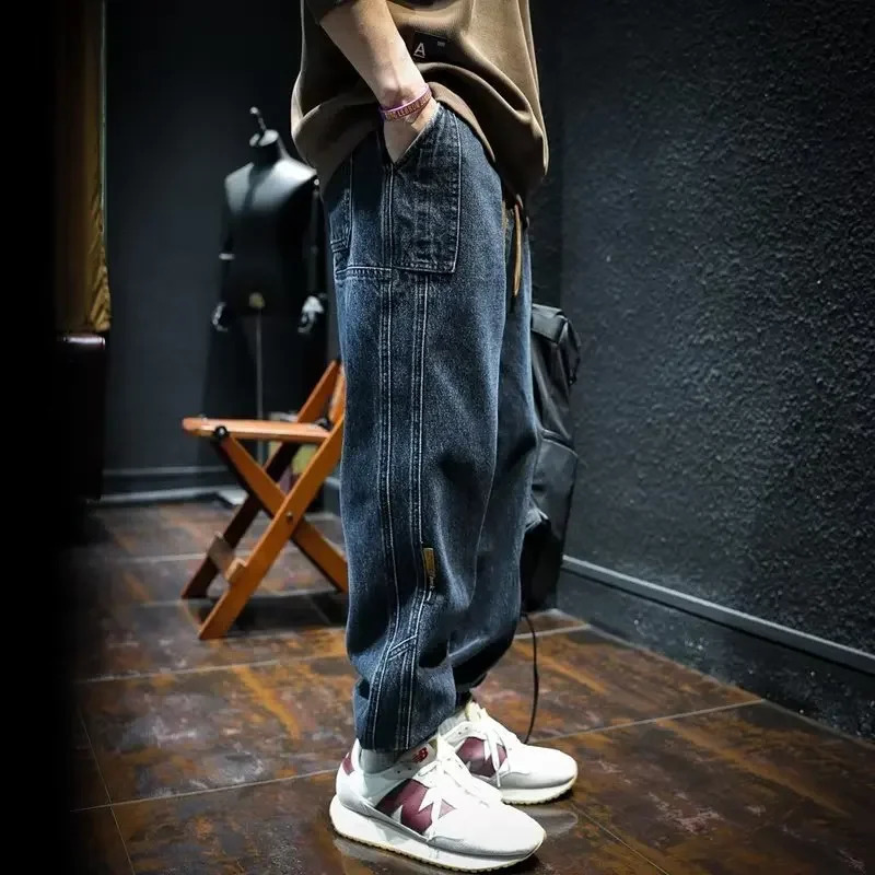 Spring Autumn Blue Bunded Feet Jeans Men Loose Fit Casual Wide Leg Cropped Pants Elastic Waist Drawstring 241223