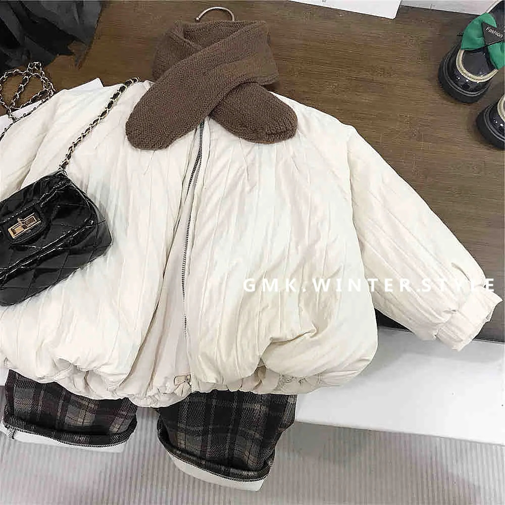 Winter Children Girls Parkas Cotton Padded Zipper Infant Babys Girl Outerwear Bubble Sleeve Toddler Girl Jacket Solid Knit Scarf 241223