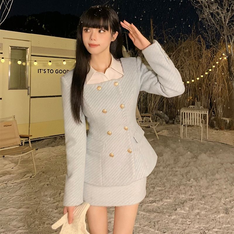 Autumn/Winter Socialite Sweet Girl Set Square Neck Slim Wool Coat Wrap Hip Short Skirt Two Piece Sets Women Outfits