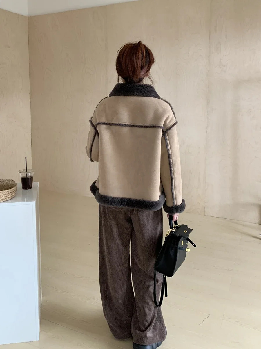 Korean fur integrated suede lamb wool locomotive clothing autumn and winter short jacket womens coat 241218