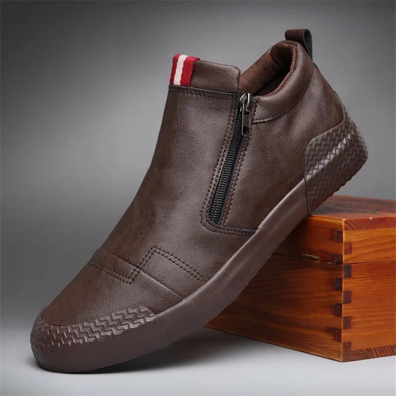 New Men Leather Casual Spring Autumn Fashion Double Zipper Trend High Tops Flat Shoes Cool Loafers Man Winter Boots