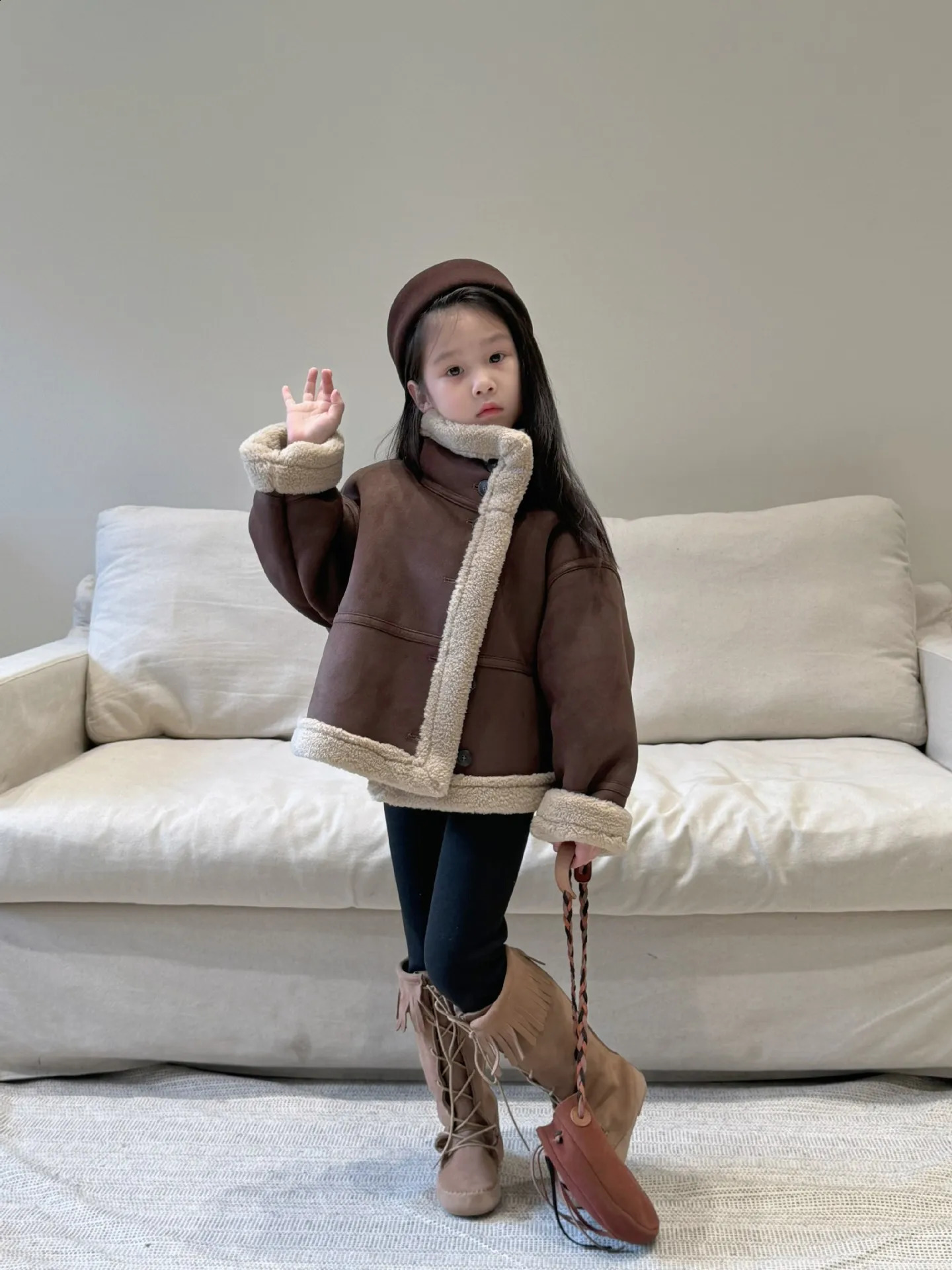 Kids Top Autumn Winter Thick Motorcycle Jacket Children Solid Fur Top Kid Outerwear Long Sleeve Coats Leather Clothing 241223