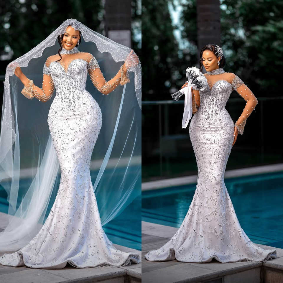 Mermaid Wedding Dresses For Women High Collar Long Sleeves Gown Sequins Rhie Pearls Sweep Train Customized Dress