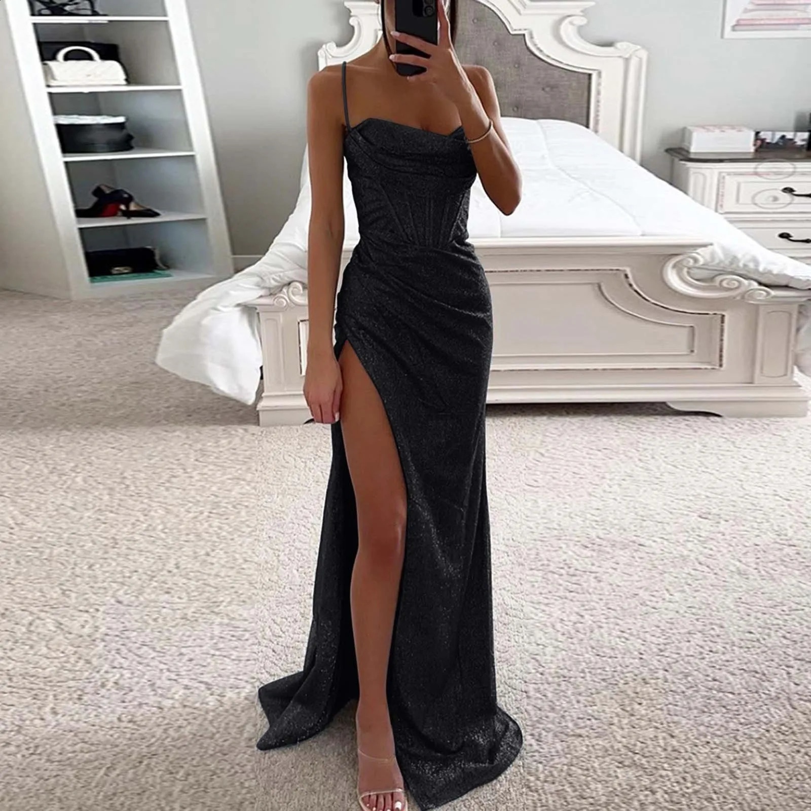 Solid Color Sequin Sleeveless Strap Dress Women Backless Cocktail Party Long Dresses Formal High Slit Sexy Evening Dress 241217