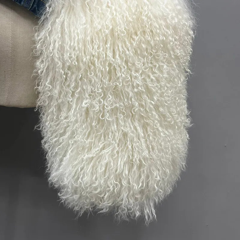 Arrivals Fluffly Real Mongolian Fur Denim Jacket Women Big Collar Natural Fur Coat Lady Fashion Denim Coat S5595B 241220