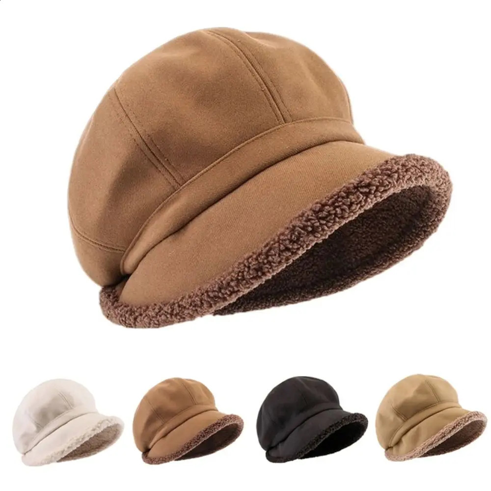 Winter Hats for Women Suede Bucket Hat Plus Velvet Lamb Hair Caps Outdoor Warm Thick Beret Wide Brim Windproof Cap Thick Hats 241223