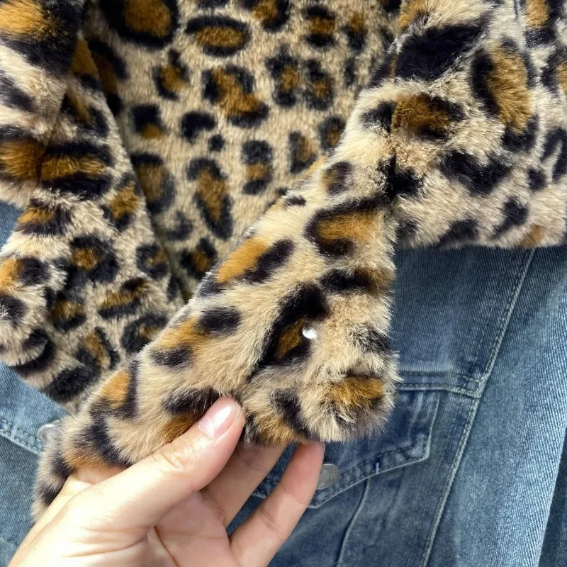 Winter Velvet Thickened Fur Integrated Plush Warm Jacket Leopard Print Lamb Wool Denim Cotton Clothes For Women 241223