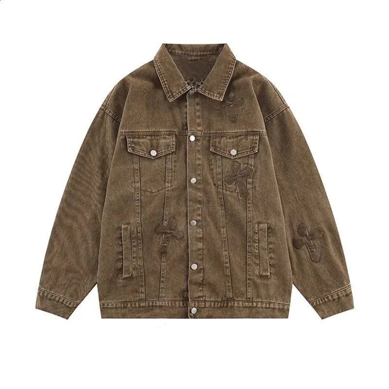 American cross stitch denim jacket womens trend loose denim jacket womens street casual jacket 241219