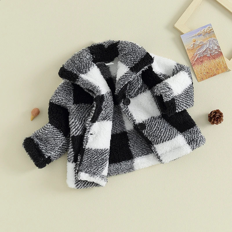 Children Plaid Plush Jacket For Baby Boys Girls Fall Winter Long Sleeve Button Cardigan Coat Outerwear Fleece Cardigan Clothing 241223