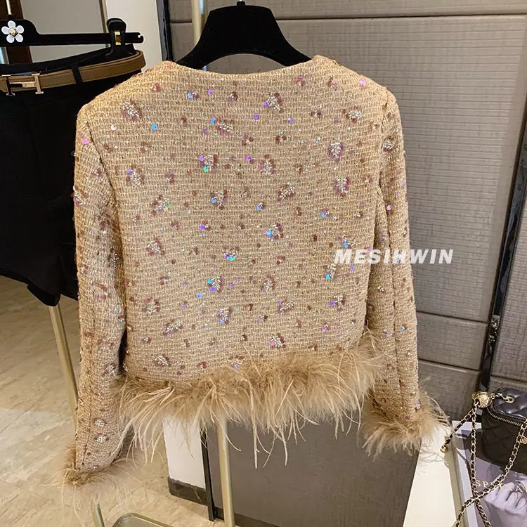Spring Autumn Sequins Small Fragrant Style Feather Jacket Spliced Elegant Ostrich Fur Top Womens Cardigan 241218