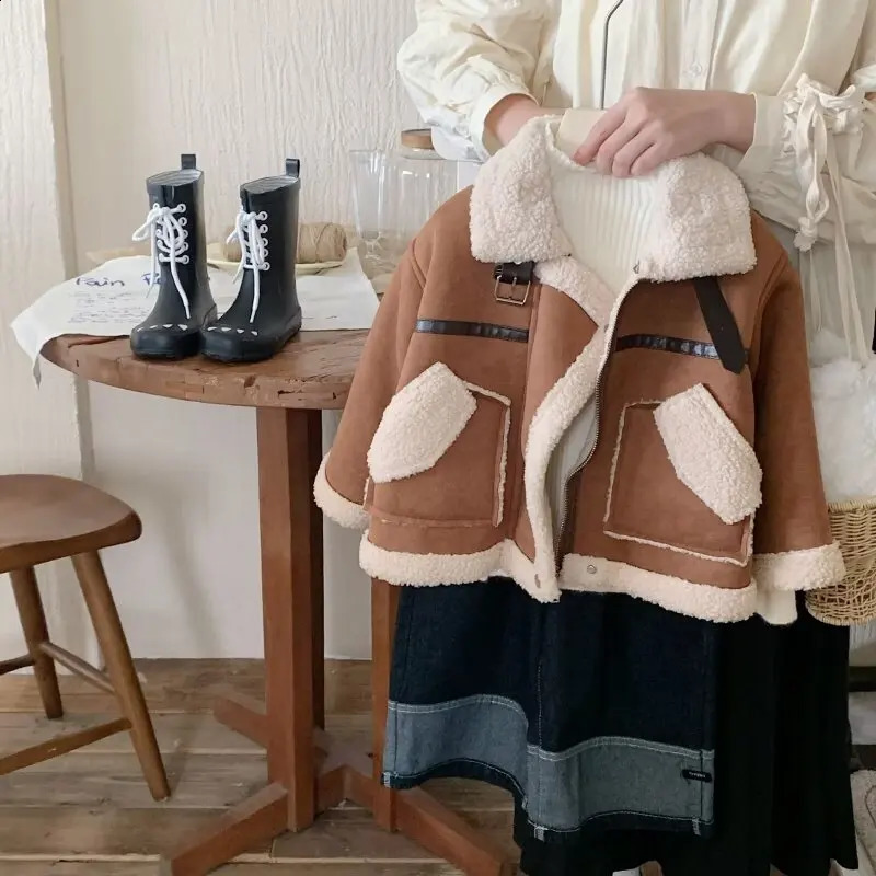 Autumn and Winter Childrens Outerwear Thickened Lamb Wool Outerwear Casual and Cute Warm Girl Cotton Jacket 241223