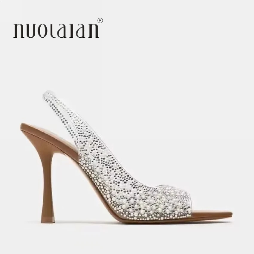 Summer Fashion Womens High Heels Pearl Decorative Elastic Back Womens Pump Leather Toe High Heels Sandals Elegant Womens Shoes 241223