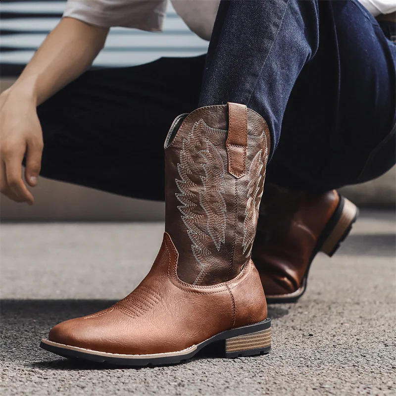 Mens Classic Retro Western Cowboy Boots Mens Fashion Embroidered Small Leg Leather Boots Mens Senior Casual Shoes 241223