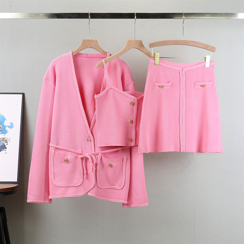 Three Piece Set Streetwear Knitted Sweet Women Sweater Cardigan Camisole + Skirt Sets Fashion Knit 3Pcs Suits Ensemble Femme