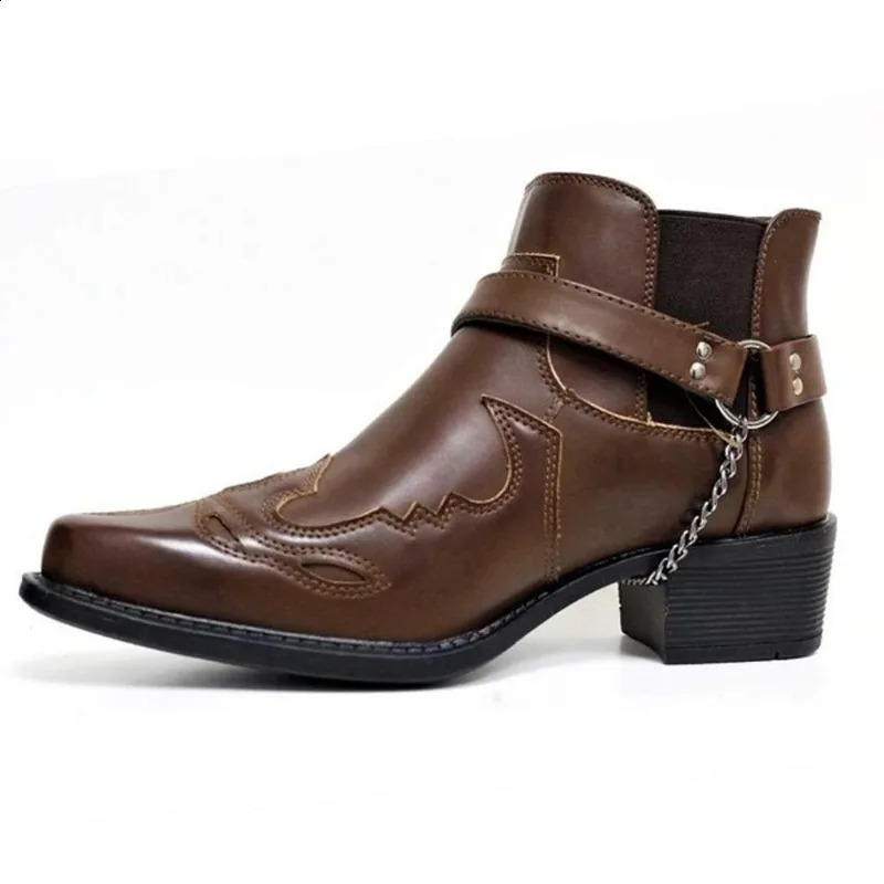 Fashionable Mens Retro Cowboy Boots Leather High Chain Buckle Strap Punk Shoes Corner Toe Bicycle Boots Mens 241223