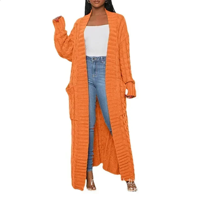 Open front cable knitted long line cardigan womens long sleeved loose fashionable casual open cardigan knitted solid color 241223