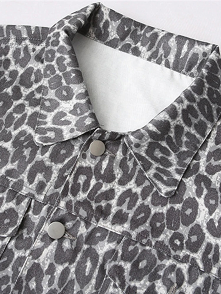 American Style Retro Leopard Print Coats Women Streetwear Fashion Long Sleeve Pockets Jackets Autumn Winter Denim Coat 241223