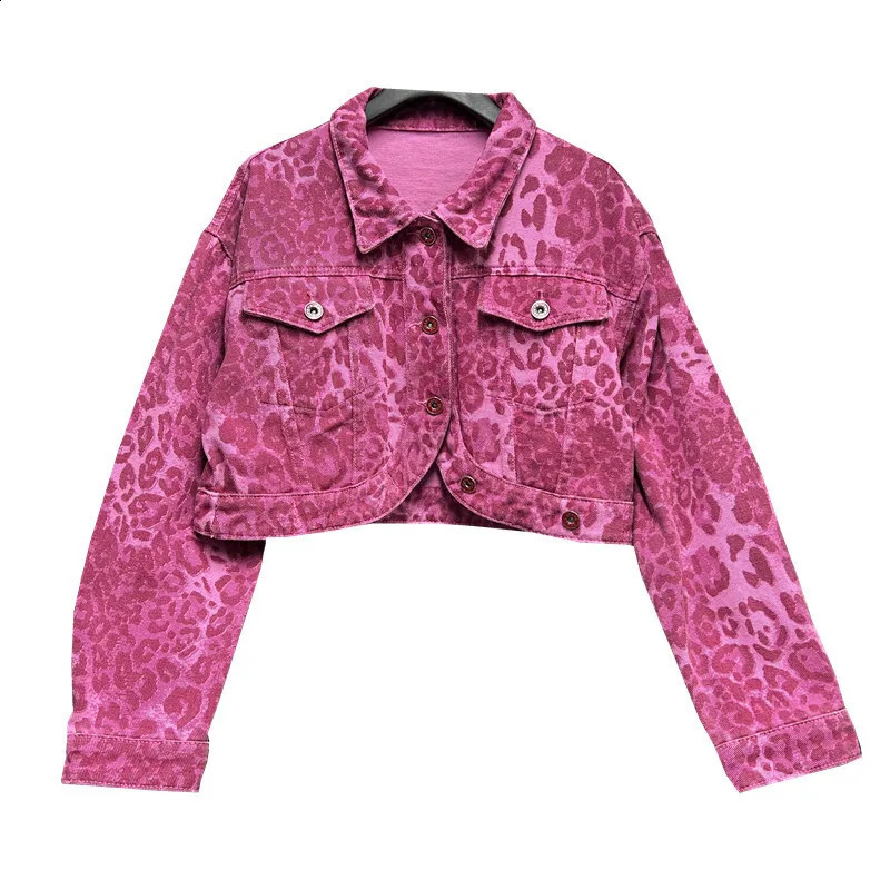 Autumn Women Fashion Leopard Print Short Denim Jacket Green Rose Red Irregular Single-breasted Lapel Long Sleeve Jeans Jackets 241223