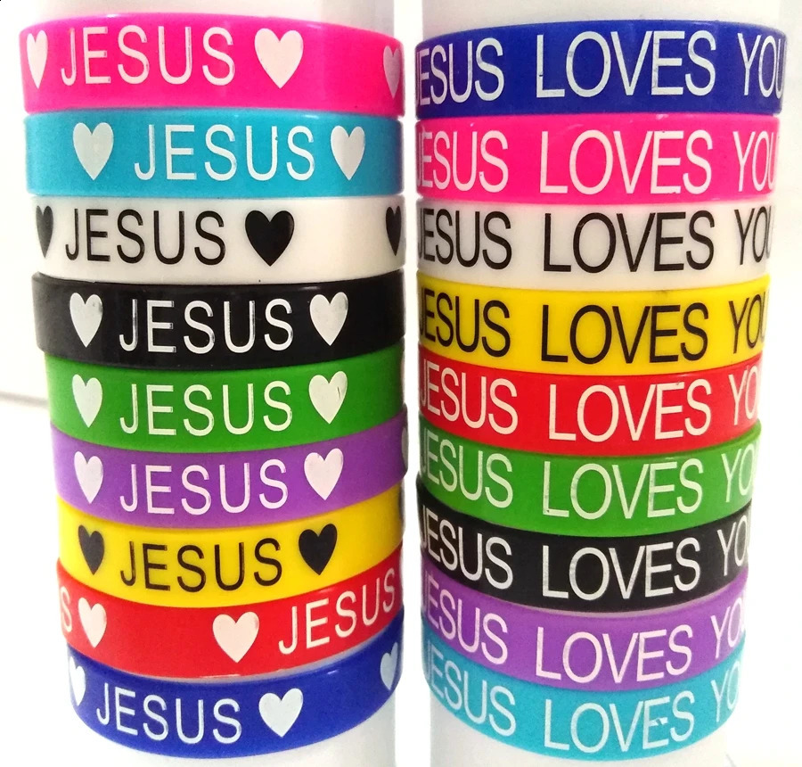 50pcs JESUS silicone Bracelets JESUS LOVES YOU rubber Wristbands Men Women Religious Cuff Children Jesus Jewelry Wholesale 241224