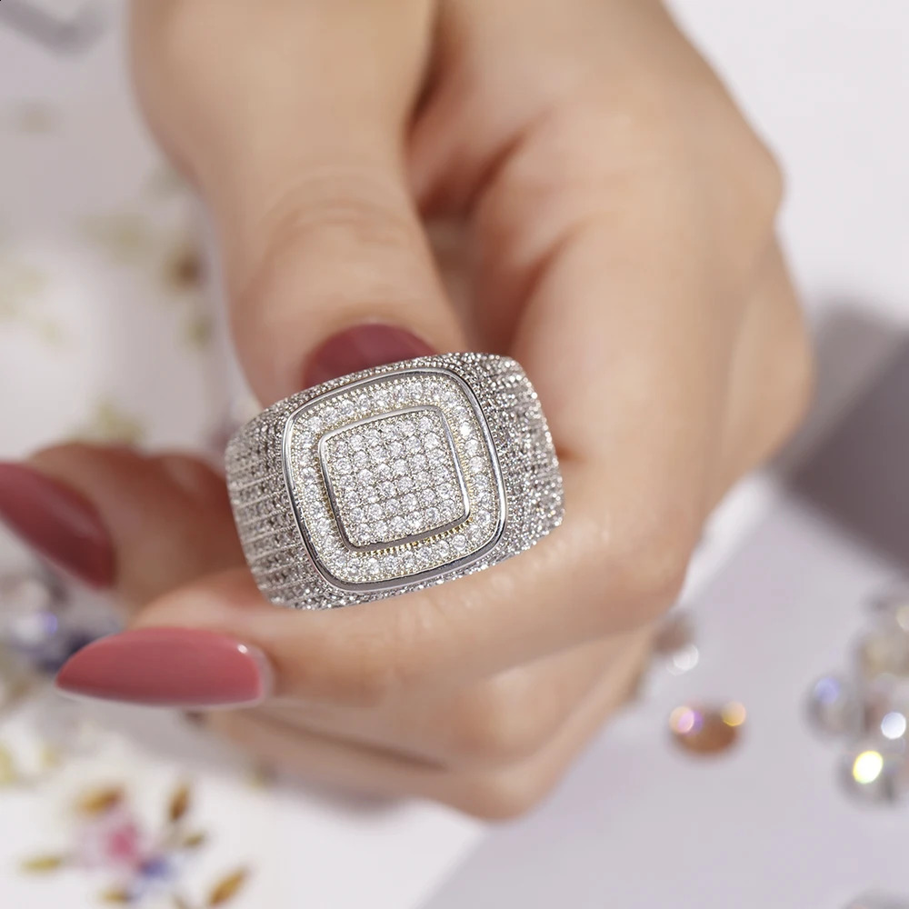 Hip Hop Micro Pave sona Diamond Stones All Iced Out Bling Ring Big 925 Sterling silver Rings for Men Jewelry gift