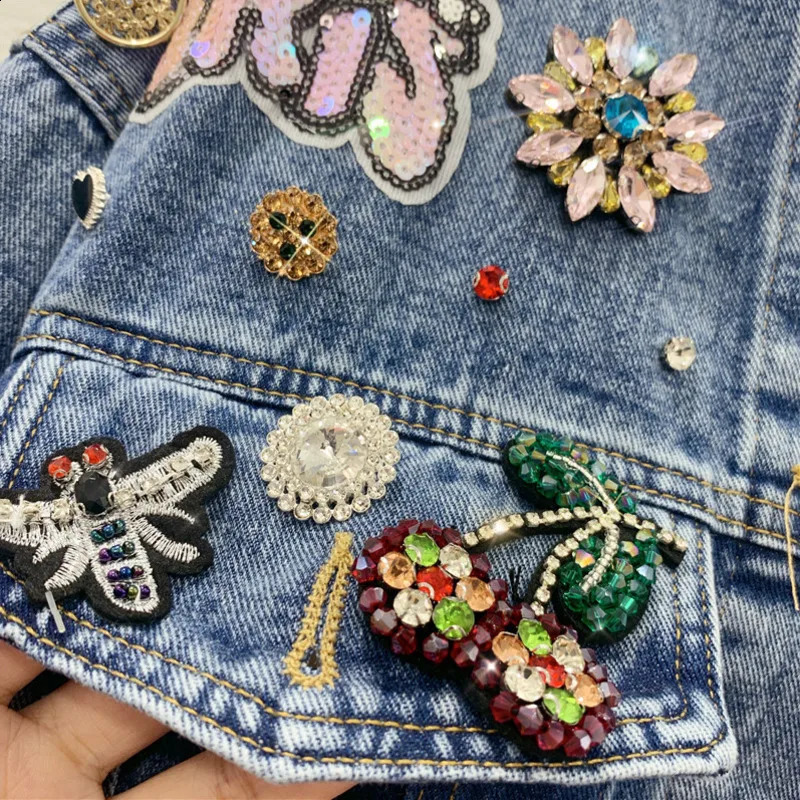 Hip Hop Streetwear All-matching Fashion Beaded Diamonds Denim Jacket Womens Autumn Loose Three Dimensional Decoration Coat 241223