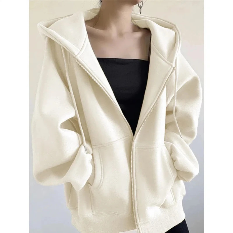 Autumn and Winter Plush Thick Hoodie Hoodie Zipper Womens Loose Sweater Lazy Style Simple Full Match Top 241224