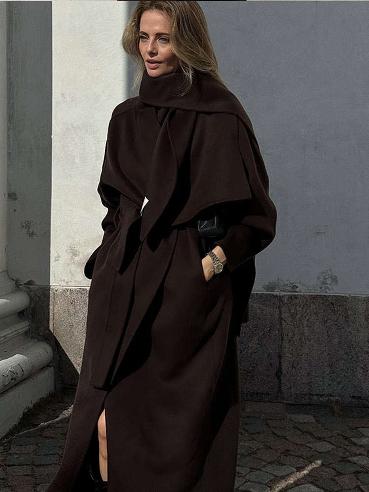Vintage Brown Scarf Collar Women's Overcoat With Belt Fashion Long Sleeve Pockets Woolen Jacket Lady New Loose Streetwear