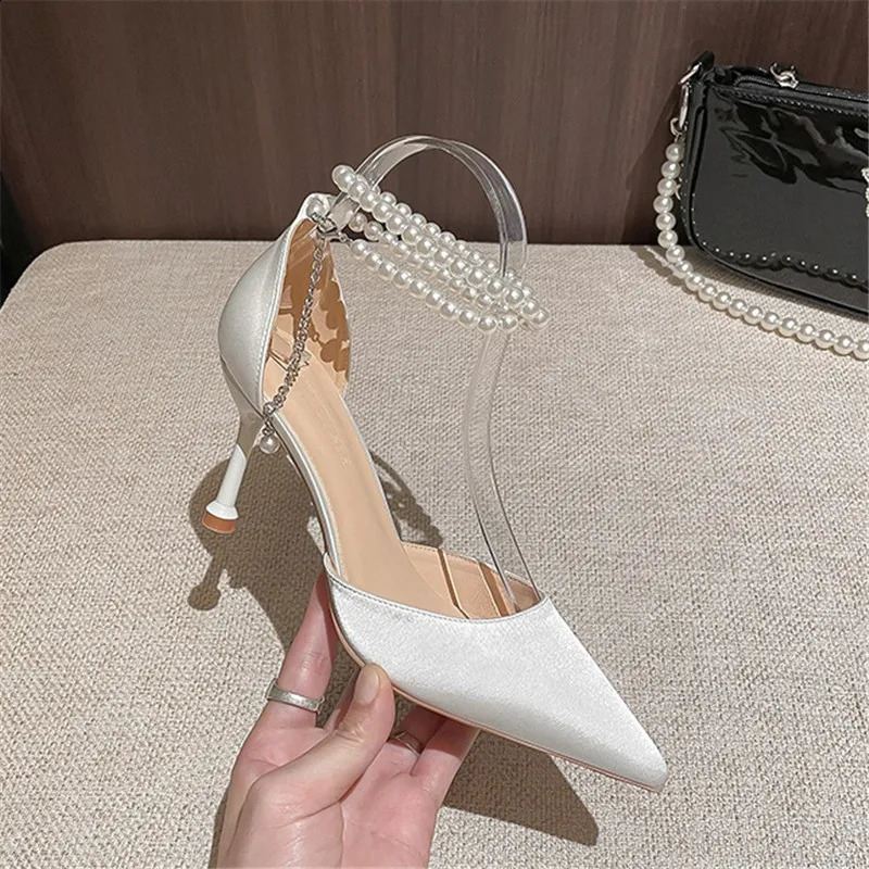 Spring Womens Wedding Shoes High Heel Shoe Pearl Silk White High Heels Ladies Sexy Dot Toe Pearl Pump 241223