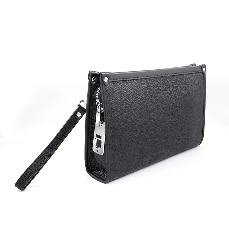 Fingerprint Lock Business Office Bag Handbag Men Black Genuine Top Cow Hide Leather Zipper Clutch Bag For Man 241224