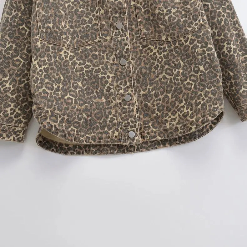 KAOPU ZA Womens Notched Collar Leopard Print Shirt Jacket Long Sleeve Casual Denim Vintage Fall Fashionable Jacket 241223