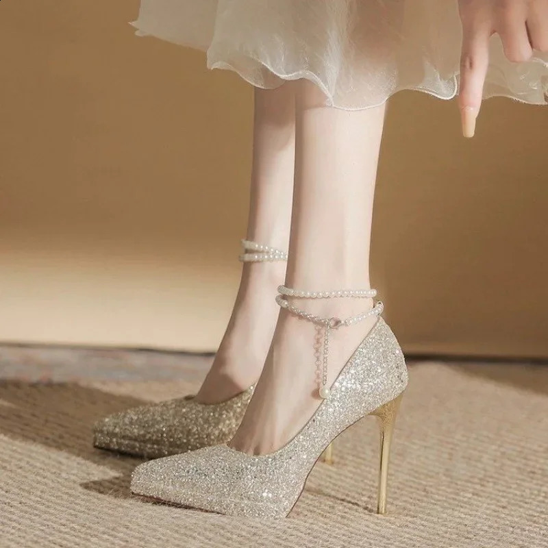Womens Wedding Crystal Glitter Pump Womens Party Sparkling High Heels Womens High Heels Pearl Chain Shoes 241223