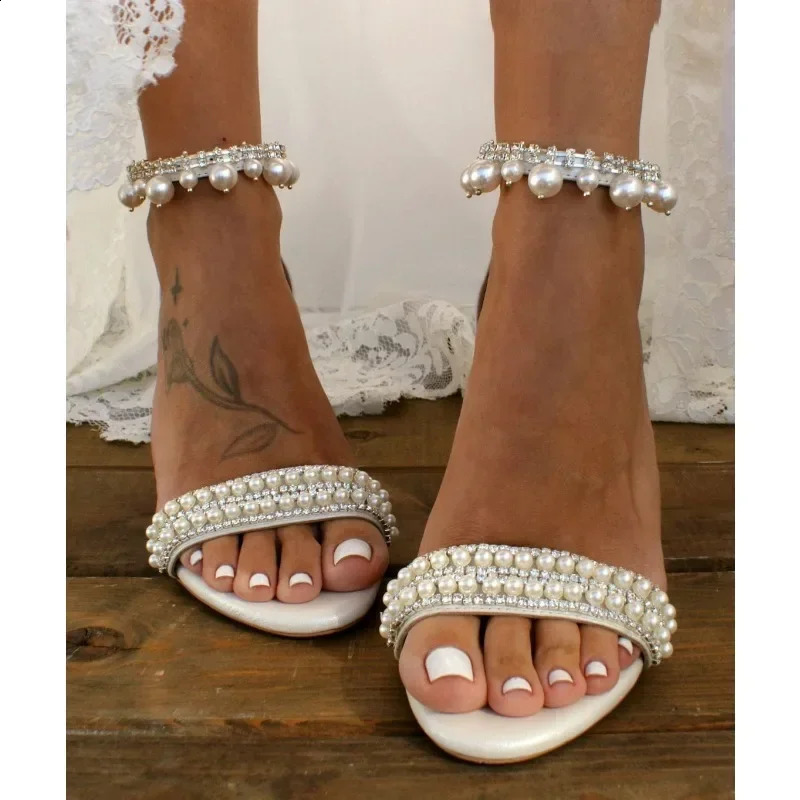 pearl high heels womens open toe rhinestone sandals thick high heels womens sexy wedding shoes bride 241223