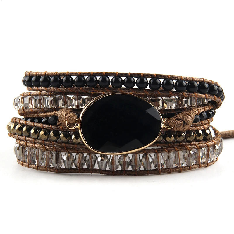 RH Fashion Leather Boho Armbander Green Mixed Natural Stones Charm 5 Strands Beaded Wrap Bracelets Drop241224