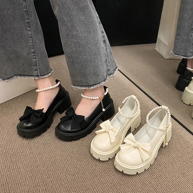 Pearl Bow Mary Jane Sandals Womens Lolita Thick Mary Jane High Heels Pump Summer Sandals Beaded Womens Shoes Zapatos 241223