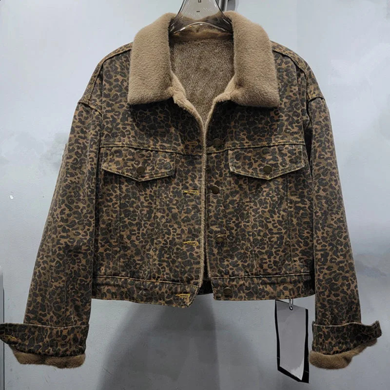 DEAT Womens Denim Coat Plush Thick Leopard Printed Mink Fur Single Breasted Jackets 2025 Fashion Spring 11A01450 241223