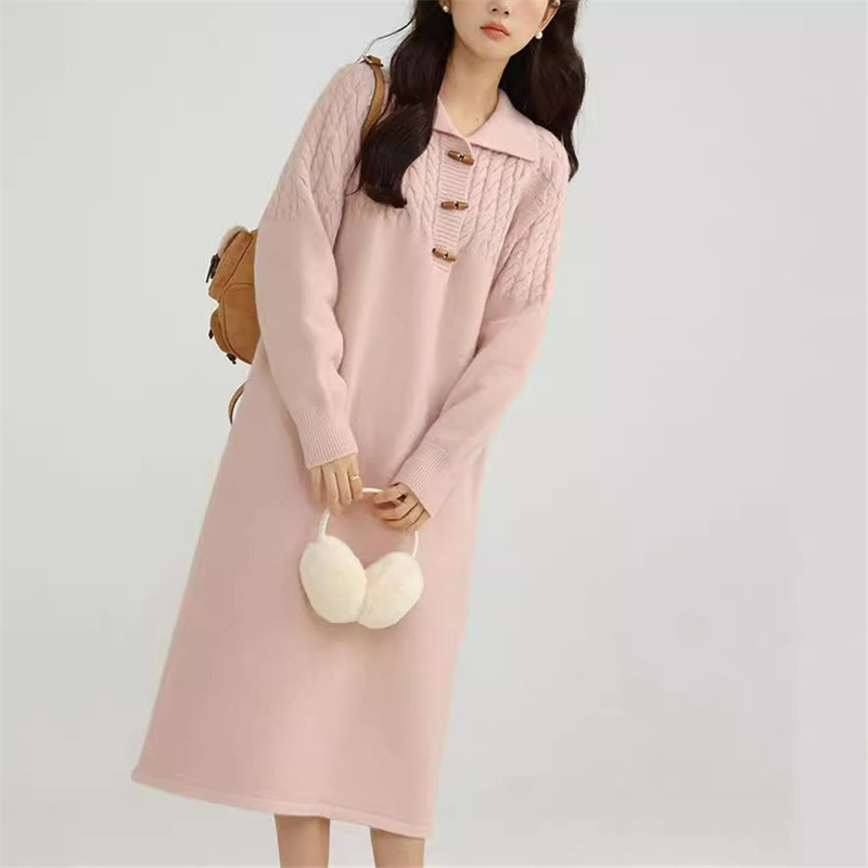 L1112 Casual Korean style lapel knitted dress for women autumn and winter new loose inner wear medium-length sweater bottoming skirt