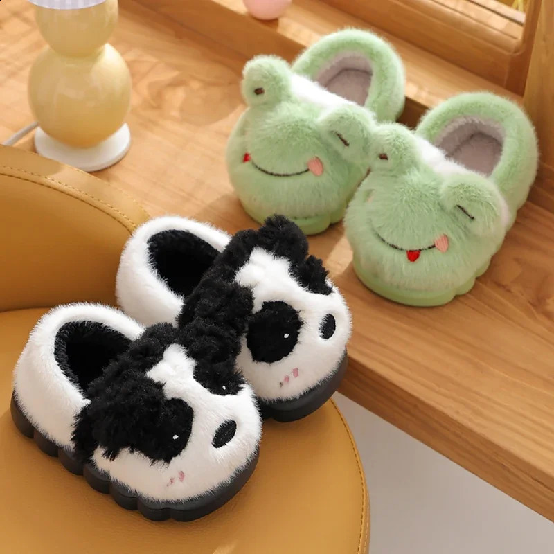 Childrens Cartoon Animals Heel Wrap Plush Slippers Soft Sole Non-slip Winter Warm Baby Boys Girls Indoor Home Cotton Shoes 241223