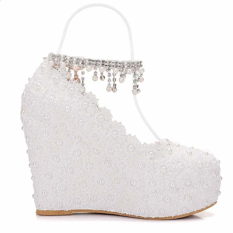 Crystal Queen White Wedding Pump Sweet White Lace Pearl Platform Pump Shoes Classic Bridal Dress High Heels Ladies 241223