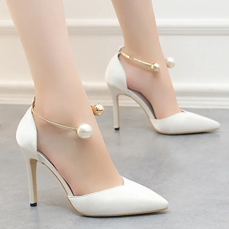 Womens pearl high heels Korean fashion sandals solid color party wedding bride pump Saltos Alto Feminina 241223