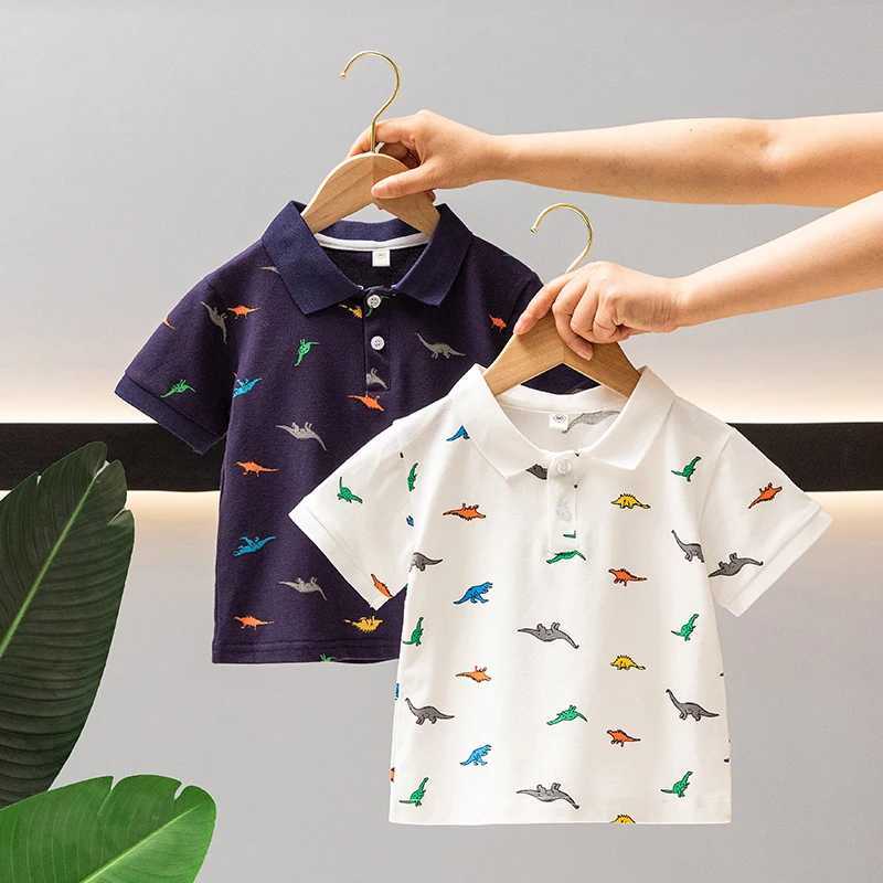 Summer Boys 2024 casual printed dinosaur button zipper short sleeved T-shirt polo shirt childrens clothing 1-7Y W241223